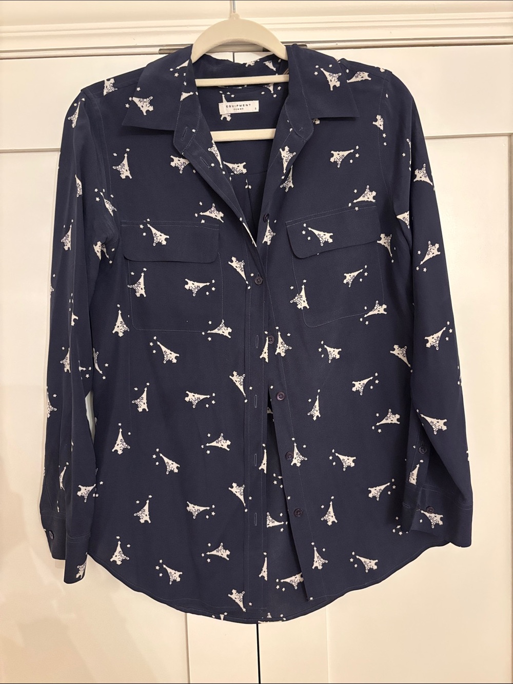 Equipment Silk Navy Eiffel Tower Print Button-Up Shirt